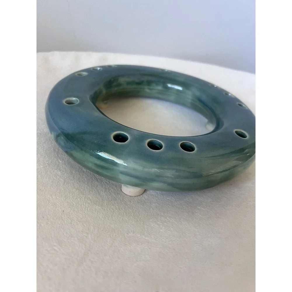 Pottery Ikebana Ring Vase Artist Signed Natural Minimalist Blue Green MCM